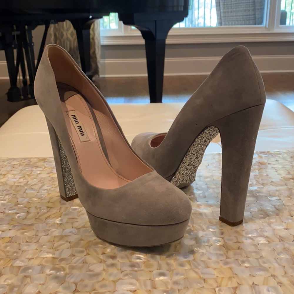 Mui Mui grey platforms with silver metallic detail